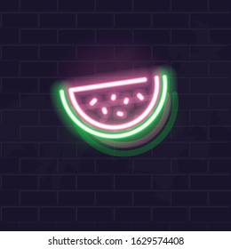 Neon watermelon icon. Vector isolated neon illustration for any dark background. Fluorescent line art icon for menu, logo, poster, social network post.