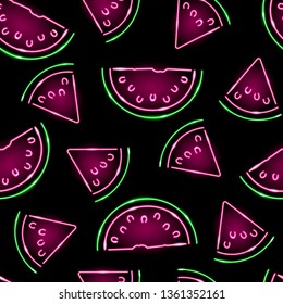 Neon watermelon slices on black background. Vector seamless pattern. Summer, exotic, freshness, food concept. 10 EPS illustration.