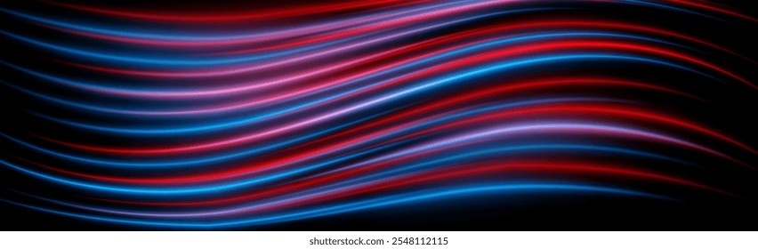 Fondo de la onda de neón. La fluidez de la luz roja y azul fluye con un efecto brillante, creando un aspecto visual futurista y dinámico para temas de tecnología o diseño