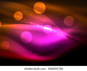 Neon wave background with light effects, curvy lines with glittering and shiny dots, glowing colors in darkness, vector magic energy illustration