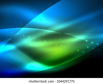 Fondo de onda neón con efectos de luz, líneas curvadas con puntos brillantes y brillantes, colores brillantes en la oscuridad, ilustración de energía vectorial mágica