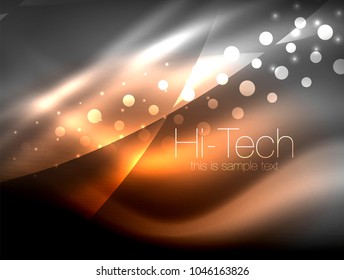 Neon wave background with light effects, curvy lines with glittering and shiny dots, glowing colors in darkness, vector magic energy illustration