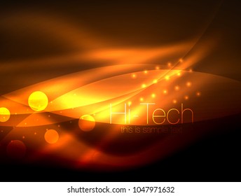 Neon wave background with light effects, curvy lines with glittering and shiny dots, glowing colors in darkness, vector magic energy illustration