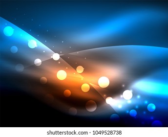 Neon wave background with light effects, curvy lines with glittering and shiny dots, glowing colors in darkness, vector magic energy illustration