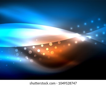 Neon wave background with light effects, curvy lines with glittering and shiny dots, glowing colors in darkness, vector magic energy illustration
