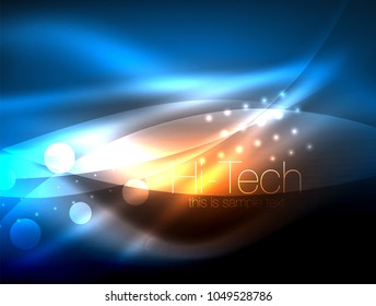 Fondo de onda neón con efectos de luz, líneas curvadas con puntos brillantes y brillantes, colores brillantes en la oscuridad, ilustración de energía vectorial mágica