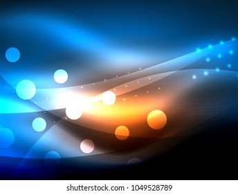 Neon wave background with light effects, curvy lines with glittering and shiny dots, glowing colors in darkness, vector magic energy illustration