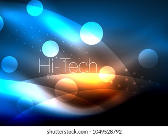 Neon wave background with light effects, curvy lines with glittering and shiny dots, glowing colors in darkness, vector magic energy illustration