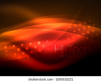 Neon wave background with light effects, curvy lines with glittering and shiny dots, glowing colors in darkness, vector magic energy illustration