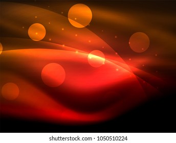 Neon wave background with light effects, curvy lines with glittering and shiny dots, glowing colors in darkness, vector magic energy illustration