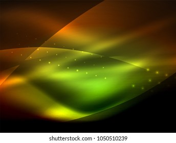 Neon wave background with light effects, curvy lines with glittering and shiny dots, glowing colors in darkness, vector magic energy illustration