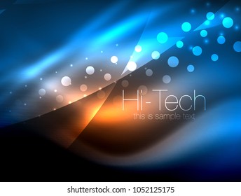 Neon wave background with light effects, curvy lines with glittering and shiny dots, glowing colors in darkness, vector magic energy illustration