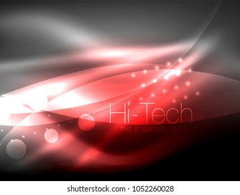 Neon wave background with light effects, curvy lines with glittering and shiny dots, glowing colors in darkness, vector magic energy illustration