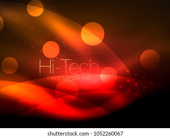 Neon wave background with light effects, curvy lines with glittering and shiny dots, glowing colors in darkness, vector magic energy illustration