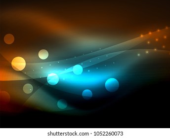 Neon wave background with light effects, curvy lines with glittering and shiny dots, glowing colors in darkness, vector magic energy illustration