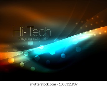 Neon wave background with light effects, curvy lines with glittering and shiny dots, glowing colors in darkness, vector magic energy illustration