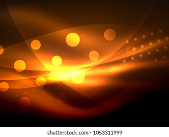 Neon wave background with light effects, curvy lines with glittering and shiny dots, glowing colors in darkness, vector magic energy illustration
