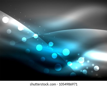 Neon wave background with light effects, curvy lines with glittering and shiny dots, glowing colors in darkness, vector magic energy illustration