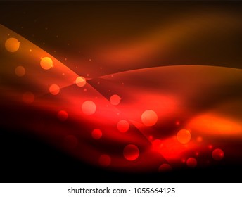 Neon wave background with light effects, curvy lines with glittering and shiny dots, glowing colors in darkness, vector magic energy illustration