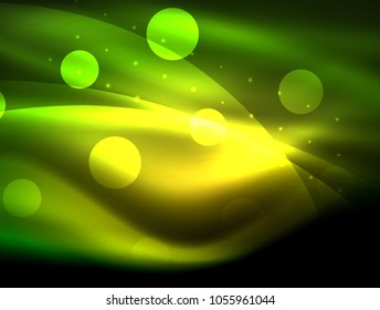 Neon wave background with light effects, curvy lines with glittering and shiny dots, glowing colors in darkness, vector magic energy illustration