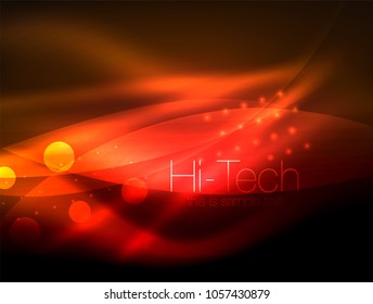 Neon wave background with light effects, curvy lines with glittering and shiny dots, glowing colors in darkness, vector magic energy illustration