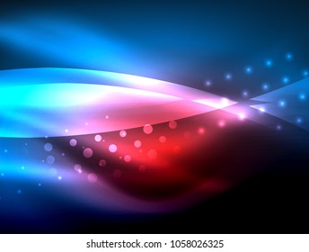 Neon wave background with light effects, curvy lines with glittering and shiny dots, glowing colors in darkness, vector magic energy illustration