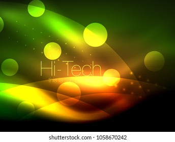 Neonwellenhintergrund mit Lichteffekten, kurvige Linien mit glänzenden und glänzenden Punkten, leuchtende Farben im Dunkeln, Vektorgrafik mit magischer Energie