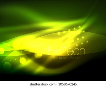 Neon wave background with light effects, curvy lines with glittering and shiny dots, glowing colors in darkness, vector magic energy illustration