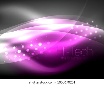 Neon wave background with light effects, curvy lines with glittering and shiny dots, glowing colors in darkness, vector magic energy illustration