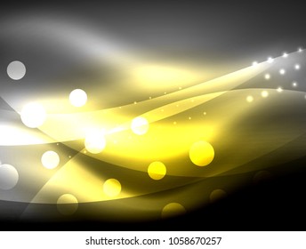 Neon wave background with light effects, curvy lines with glittering and shiny dots, glowing colors in darkness, vector magic energy illustration