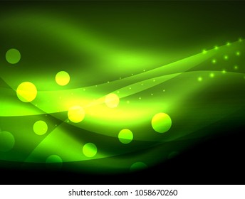 Neon wave background with light effects, curvy lines with glittering and shiny dots, glowing colors in darkness, vector magic energy illustration