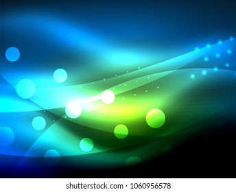 Fondo de onda neón con efectos de luz, líneas curvadas con puntos brillantes y brillantes, colores brillantes en la oscuridad, ilustración de energía vectorial mágica