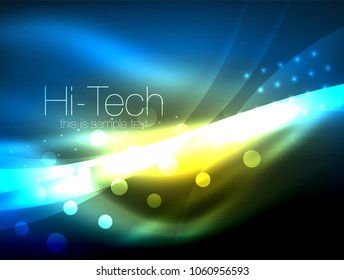 Fondo de onda neón con efectos de luz, líneas curvadas con puntos brillantes y brillantes, colores brillantes en la oscuridad, ilustración de energía vectorial mágica