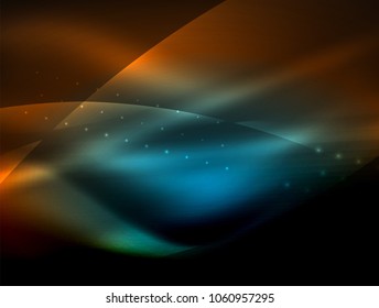 Neon wave background with light effects, curvy lines with glittering and shiny dots, glowing colors in darkness, vector magic energy illustration