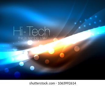 Neon wave background with light effects, curvy lines with glittering and shiny dots, glowing colors in darkness, vector magic energy illustration