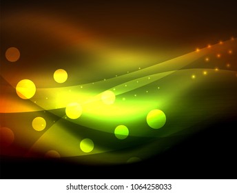 Neon wave background with light effects, curvy lines with glittering and shiny dots, glowing colors in darkness, vector magic energy illustration