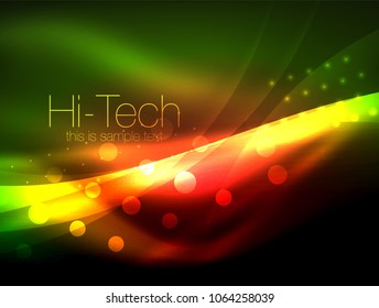 Neon wave background with light effects, curvy lines with glittering and shiny dots, glowing colors in darkness, vector magic energy illustration