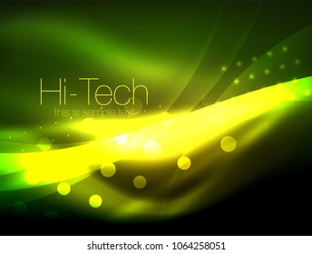 Neon wave background with light effects, curvy lines with glittering and shiny dots, glowing colors in darkness, vector magic energy illustration