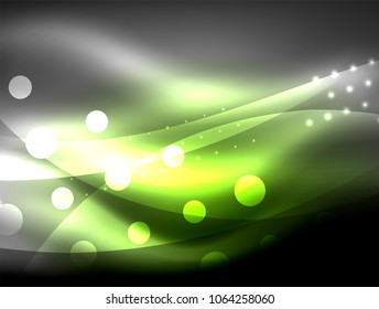 Neon wave background with light effects, curvy lines with glittering and shiny dots, glowing colors in darkness, vector magic energy illustration