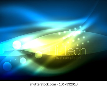 Fondo de onda neón con efectos de luz, líneas curvadas con puntos brillantes y brillantes, colores brillantes en la oscuridad, ilustración de energía vectorial mágica