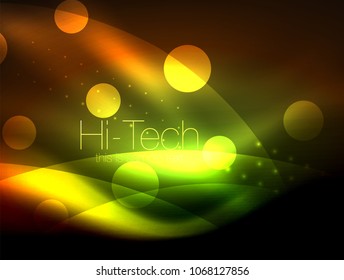 Neon wave background with light effects, curvy lines with glittering and shiny dots, glowing colors in darkness, vector magic energy illustration