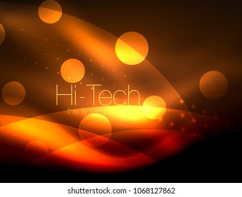 Neon wave background with light effects, curvy lines with glittering and shiny dots, glowing colors in darkness, vector magic energy illustration