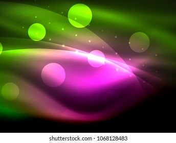 Neon wave background with light effects, curvy lines with glittering and shiny dots, glowing colors in darkness, vector magic energy illustration