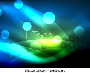 Neon wave background with light effects, curvy lines with glittering and shiny dots, glowing colors in darkness, vector magic energy illustration
