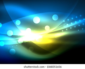 Neon wave background with light effects, curvy lines with glittering and shiny dots, glowing colors in darkness, vector magic energy illustration