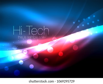 Neon wave background with light effects, curvy lines with glittering and shiny dots, glowing colors in darkness, vector magic energy illustration