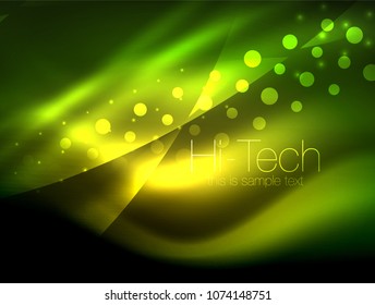 Neon wave background with light effects, curvy lines with glittering and shiny dots, glowing colors in darkness, vector magic energy illustration