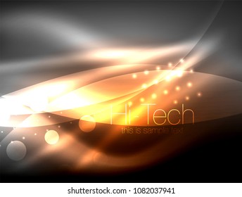 Neon wave background with light effects, curvy lines with glittering and shiny dots, glowing colors in darkness, vector magic energy illustration