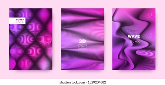 Neon Wave Cover. Blue Design Template. Business Distorted Lines. 3d Geometric Brochure. Pink Vibrant Stripes. Flow Brochure. Design Cover. 3d Geometric Shapes.
