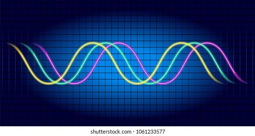 Neon wave graph. Oscilloscope with image of wave diagram.  Monitoring of processes occurring in electrical circuit.